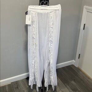 Mambo Collection White Fringe Wide-leg Sheer Pants, size OS, NEW